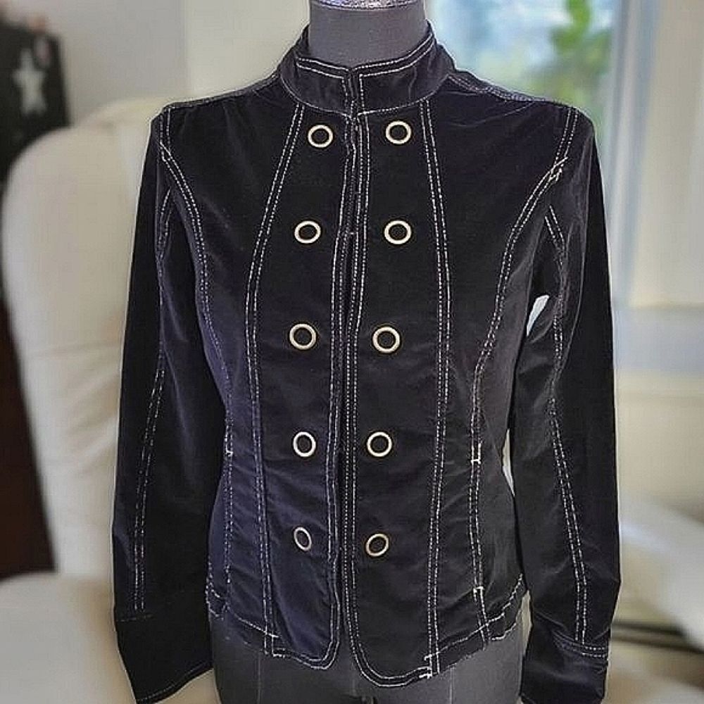 Vtg 90s black corduroy stand collar brass grommet jacket